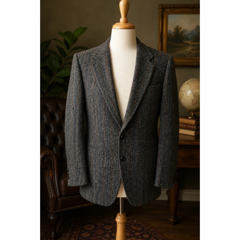 Vintage Harris Tweed Men's Wool Blazer Grey Herringbone Sears Made in Canada 40R
